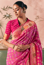 Thumbnail for Monjolika Fashion Pink Bandhej Weaving Work Faux Khadi Georgette Saree - Distacart