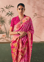 Thumbnail for Monjolika Fashion Pink Bandhej Weaving Work Faux Khadi Georgette Saree - Distacart
