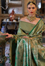 Thumbnail for Monjolika Fashion Kanjivaram Silk Blend Classic Saree with Woven Work for Women in Green - Distacart