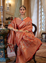 Thumbnail for Monjolika Fashion Kanjivaram Silk Blend Classic Saree with Woven Work for Women in Orange - Distacart