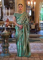 Thumbnail for Monjolika Fashion Kanjivaram Silk Blend Classic Saree with Woven Work for Women in Teal - Distacart