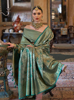 Thumbnail for Monjolika Fashion Kanjivaram Silk Blend Classic Saree with Woven Work for Women in Teal - Distacart