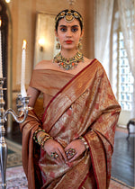 Thumbnail for Monjolika Fashion Kanjivaram Silk Blend Classic Saree with Woven Work for Women in Brown - Distacart