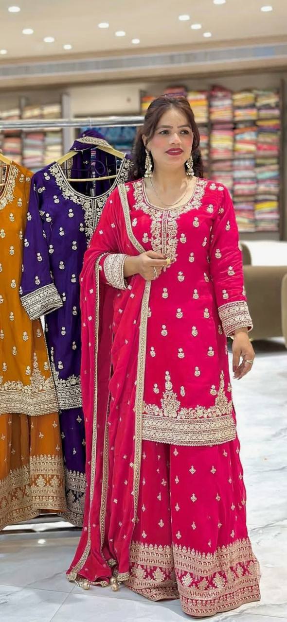 Yash Enterprise Pink Heavy Chinnon Silk Party Wear Ebroidery Suit Set