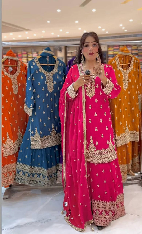 Yash Enterprise Pink Heavy Chinnon Silk Party Wear Ebroidery Suit Set