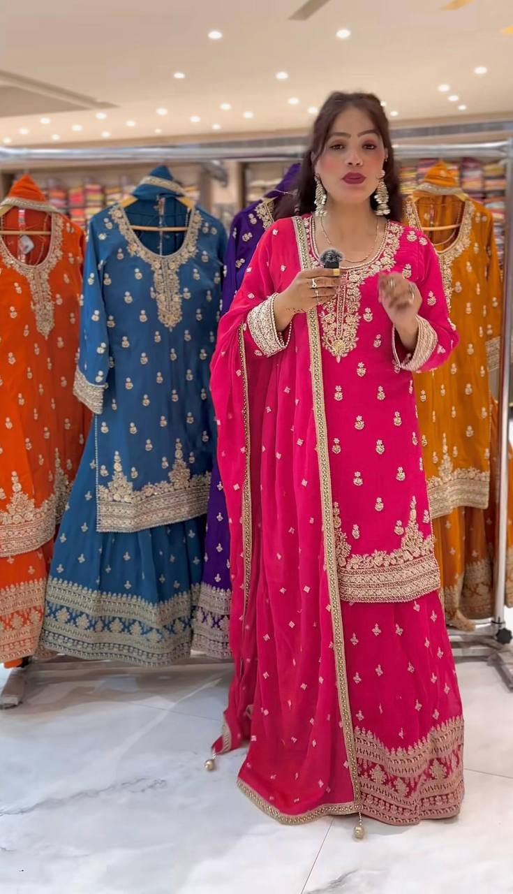 Yash Enterprise Pink Heavy Chinnon Silk Party Wear Ebroidery Suit Set