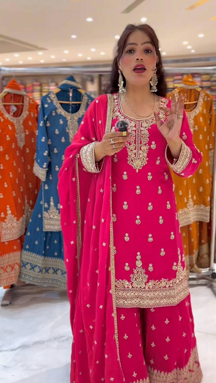 Yash Enterprise Pink Heavy Chinnon Silk Party Wear Ebroidery Suit Set