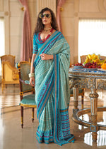 Thumbnail for Monjolika Fashion Aqua Blue Printed Silk Blend Party Contemporary Saree - Distacart