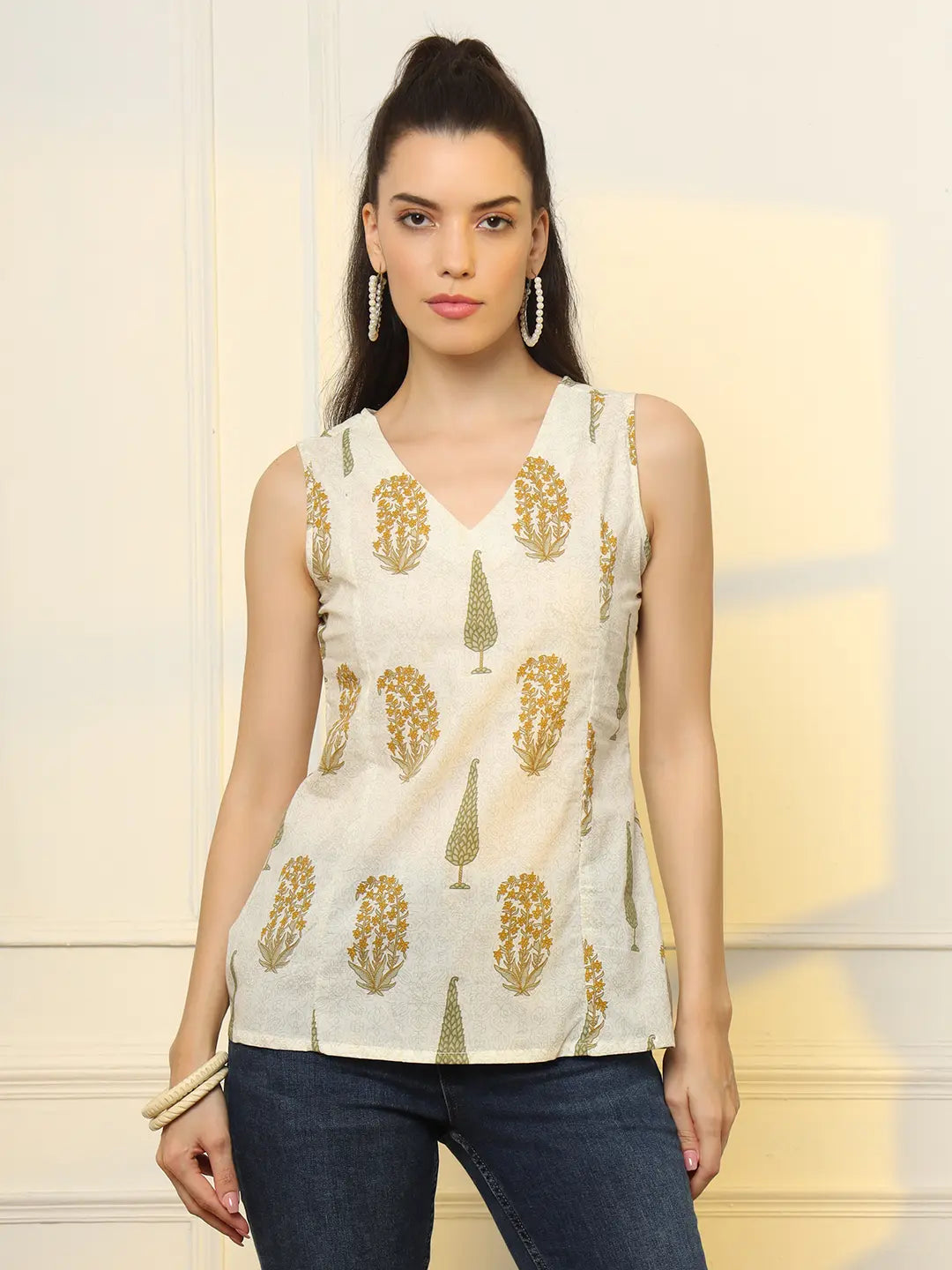 Yufta Mustard Cotton Sleeveless Boxy Top - Distacart