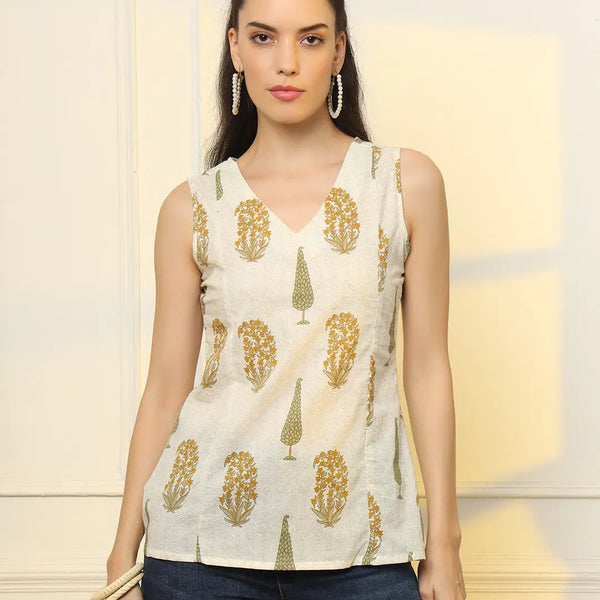 Yufta Mustard Cotton Sleeveless Boxy Top - Distacart