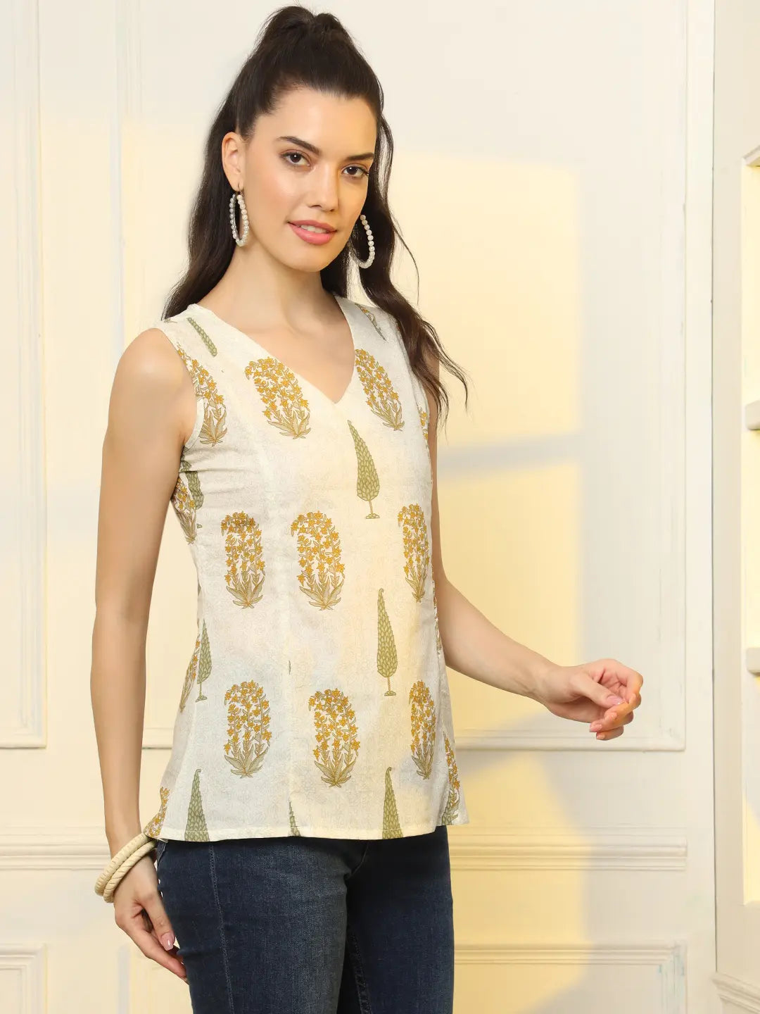 Yufta Mustard Cotton Sleeveless Boxy Top - Distacart