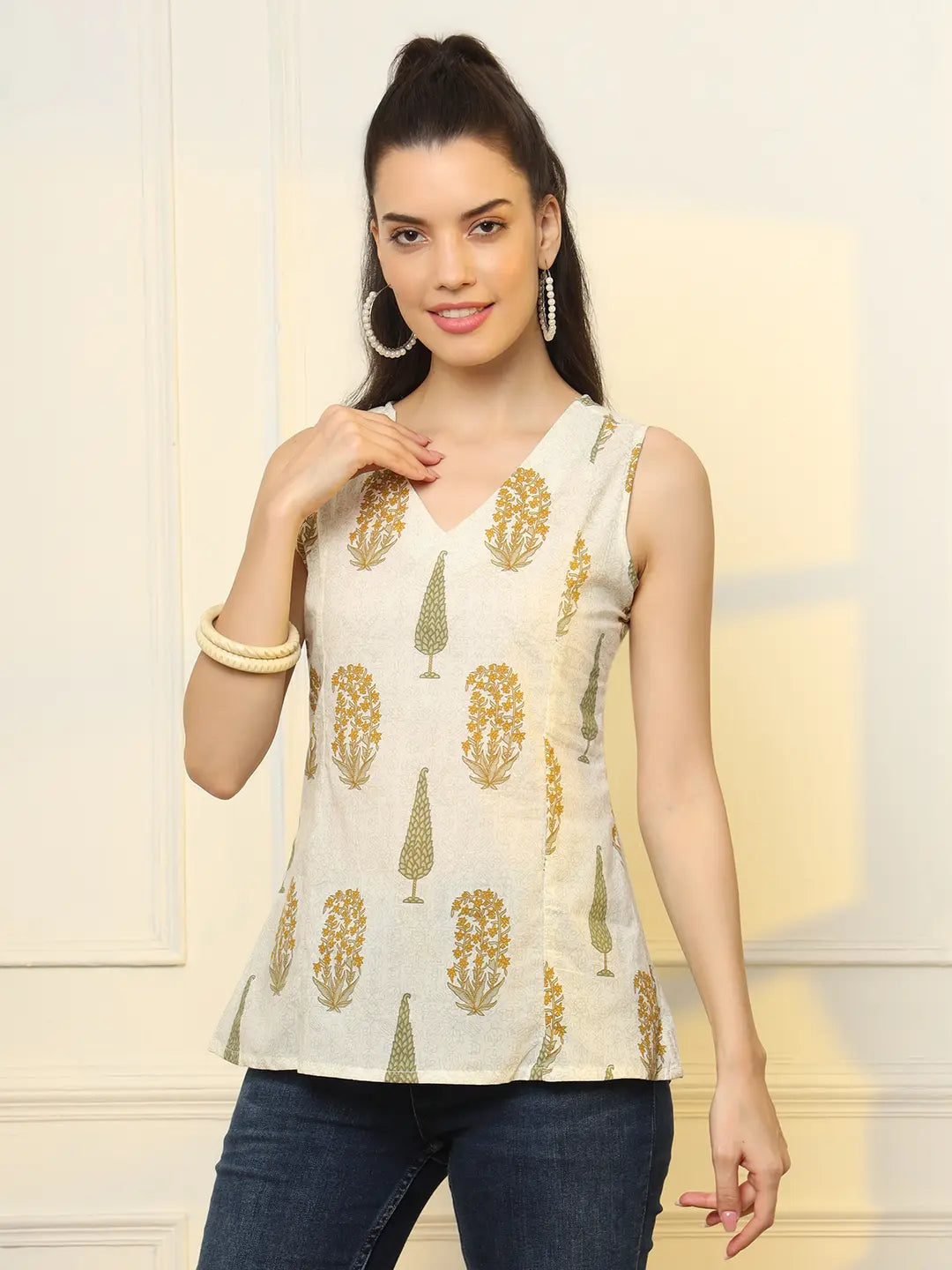 Yufta Mustard Cotton Sleeveless Boxy Top
