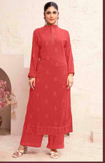 Thumbnail for Monjolika Fashion Light Red Georgette Embroidered Work Party Pant Style Suit - Distacart