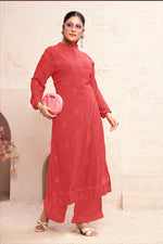 Thumbnail for Monjolika Fashion Light Red Georgette Embroidered Work Party Pant Style Suit - Distacart