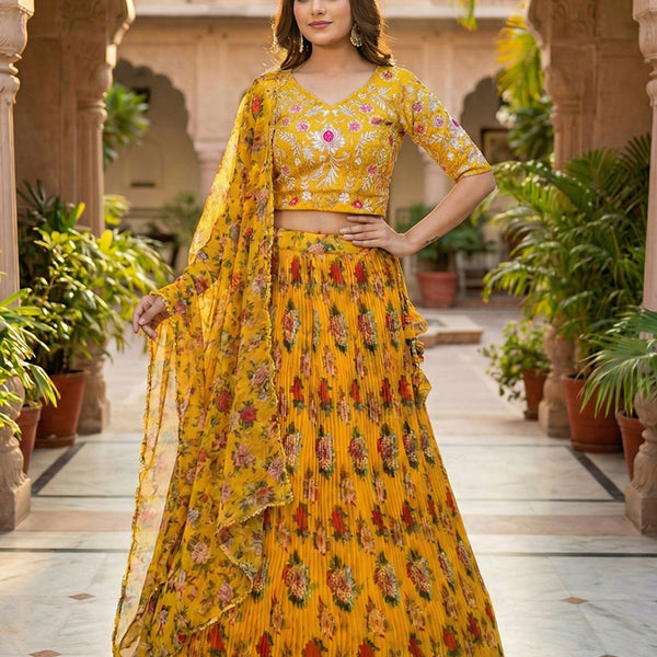 Monjolika Fashion Yellow Floral Printed Organza Lehenga Choli - Distacart
