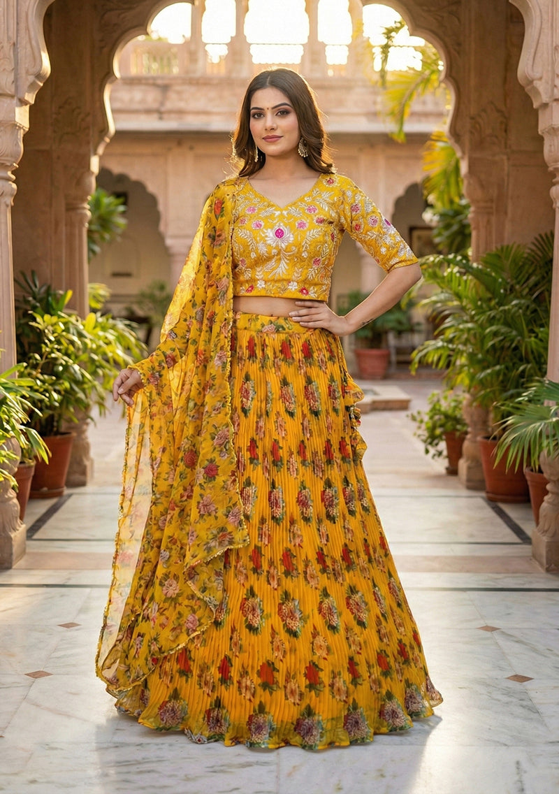 Monjolika Fashion Yellow Floral Printed Organza Lehenga Choli
