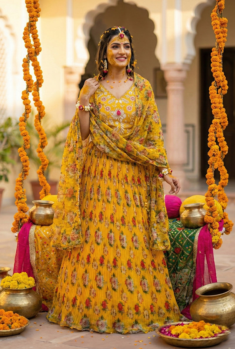 Monjolika Fashion Yellow Floral Printed Organza Lehenga Choli - Distacart