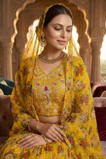 Thumbnail for Monjolika Fashion Yellow Floral Printed Organza Lehenga Choli - Distacart