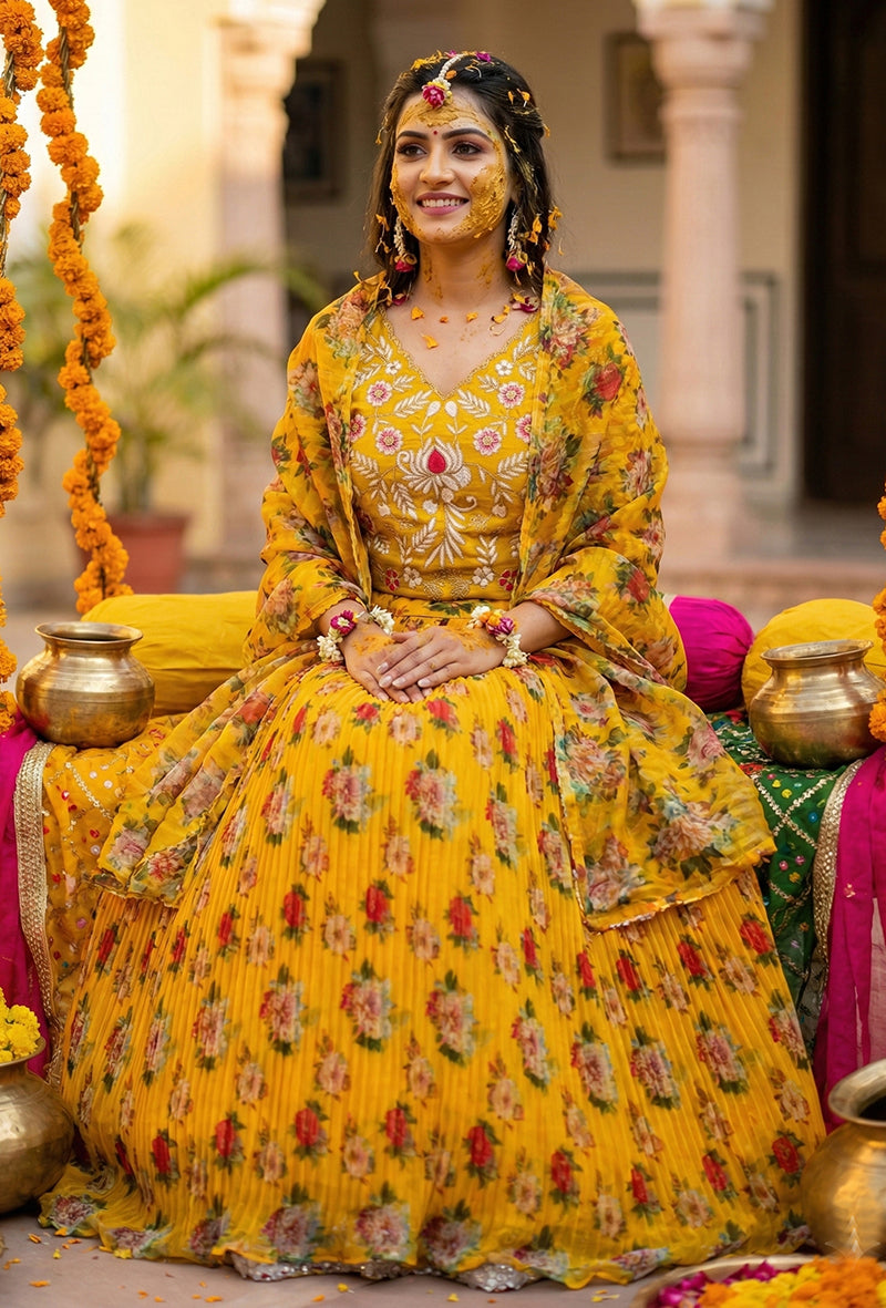 Monjolika Fashion Yellow Floral Printed Organza Lehenga Choli - Distacart