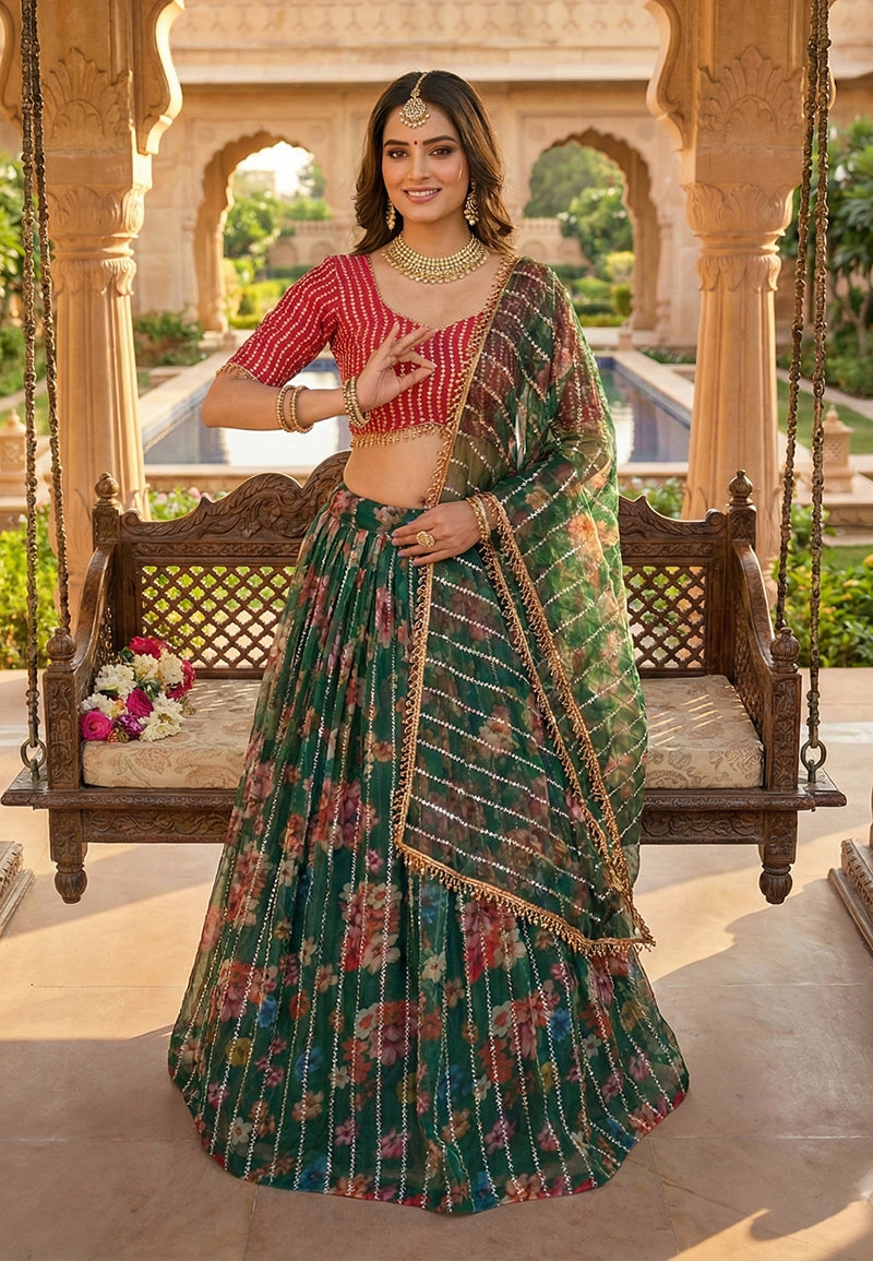 Monjolika Fashion Dark Green Floral Printed Embroidered Organza Lehenga Choli