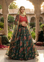 Thumbnail for Monjolika Fashion Dark Green Floral Printed Embroidered Organza Lehenga Choli - Distacart
