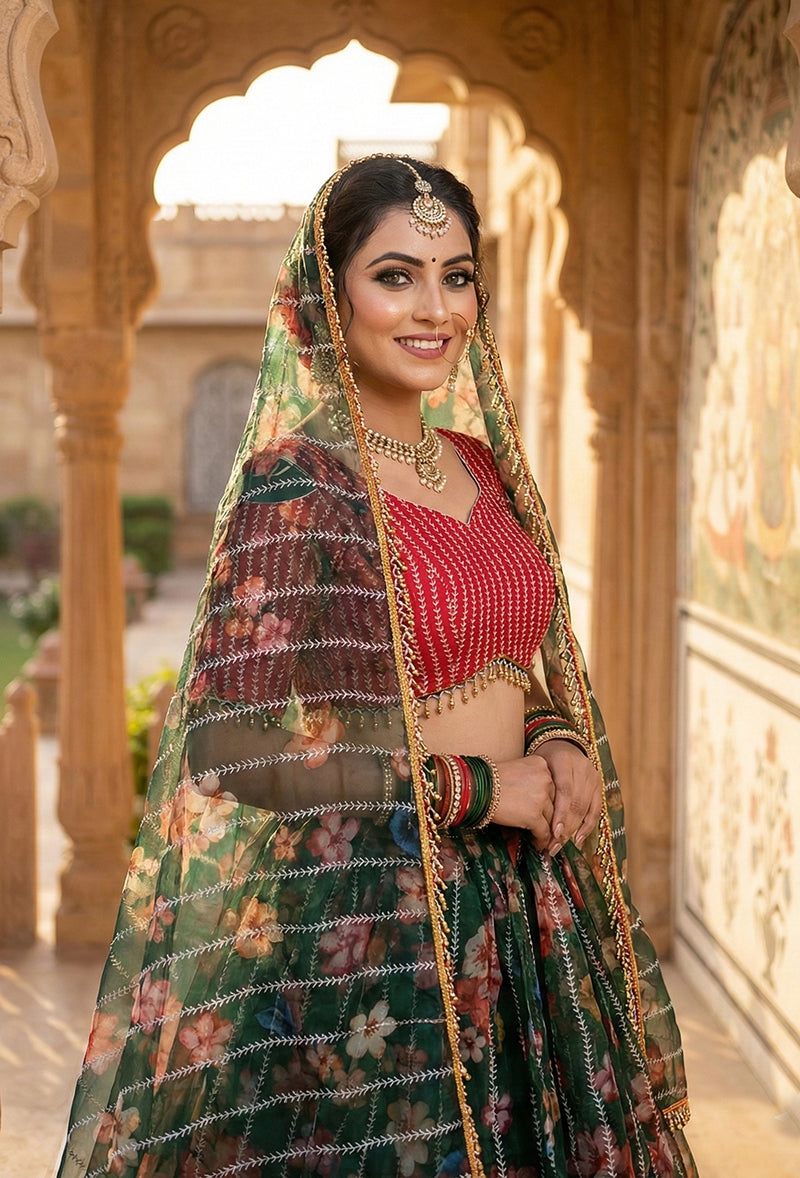 Monjolika Fashion Dark Green Floral Printed Embroidered Organza Lehenga Choli - Distacart