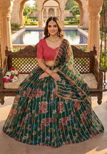 Thumbnail for Monjolika Fashion Dark Green Floral Printed Embroidered Organza Lehenga Choli - Distacart
