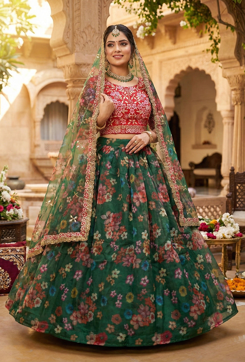 Monjolika Fashion Dark Green Floral Printed Organza Lehenga Choli - Distacart