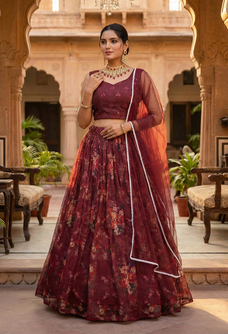 Monjolika Fashion Wine Floral Printed Organza Lehenga Choli - Distacart