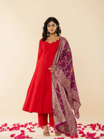 Thumbnail for Yufta Red Silk Blend Anarkali Kurta Dupatta Set
