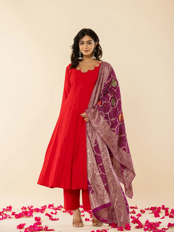 Yufta Red Silk Blend Anarkali Kurta Dupatta Set