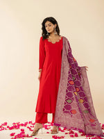 Thumbnail for Yufta Red Silk Blend Anarkali Kurta Dupatta Set