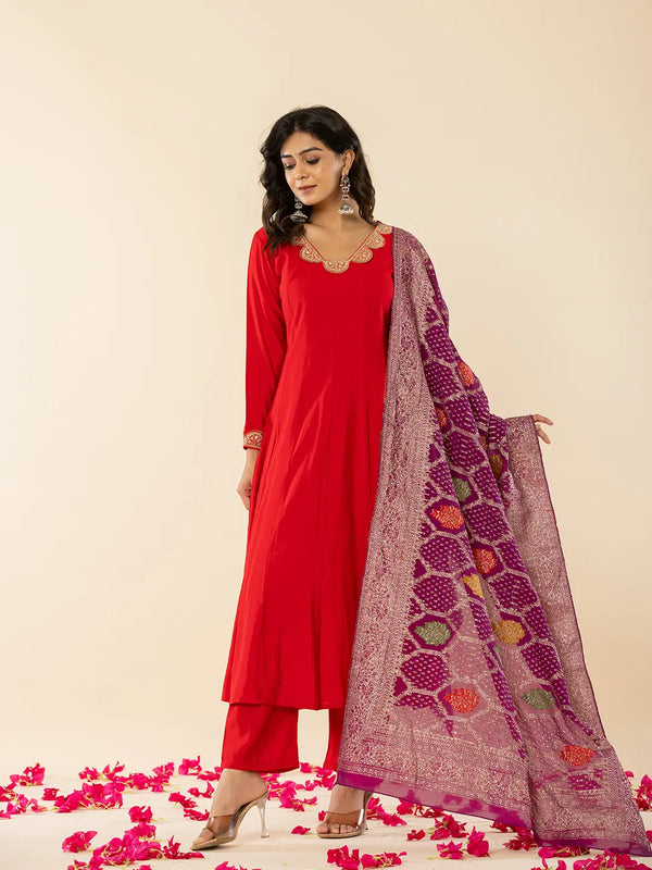 Yufta Red Silk Blend Anarkali Kurta Dupatta Set