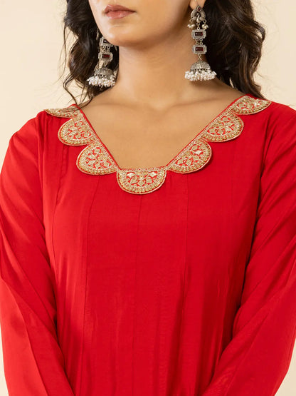 Yufta Red Silk Blend Anarkali Kurta Dupatta Set - Distacart