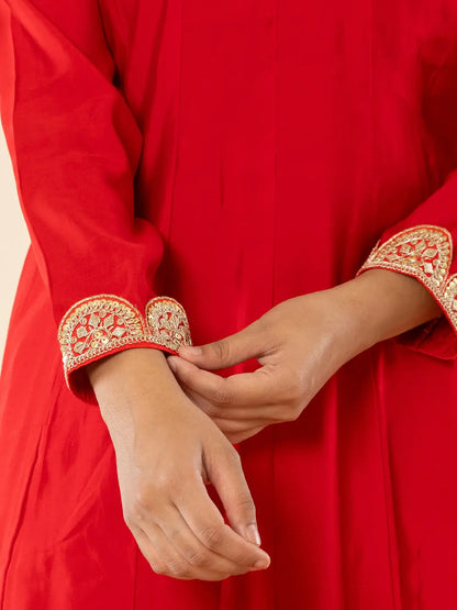 Yufta Red Silk Blend Anarkali Kurta Dupatta Set - Distacart
