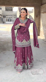Thumbnail for Pramukh Fab Dust Purple Chinnon Silk Kurta Sharara Set
