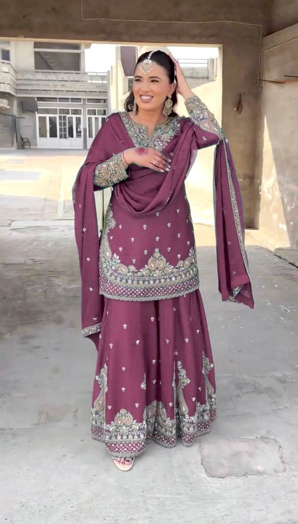 Pramukh Fab Dust Purple Chinnon Silk Kurta Sharara Set