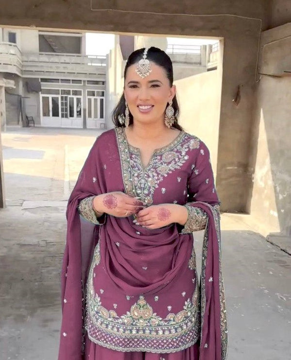 Pramukh Fab Dust Purple Chinnon Silk Kurta Sharara Set