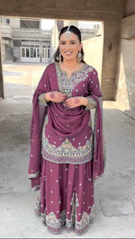 Thumbnail for Pramukh Fab Dust Purple Chinnon Silk Kurta Sharara Set