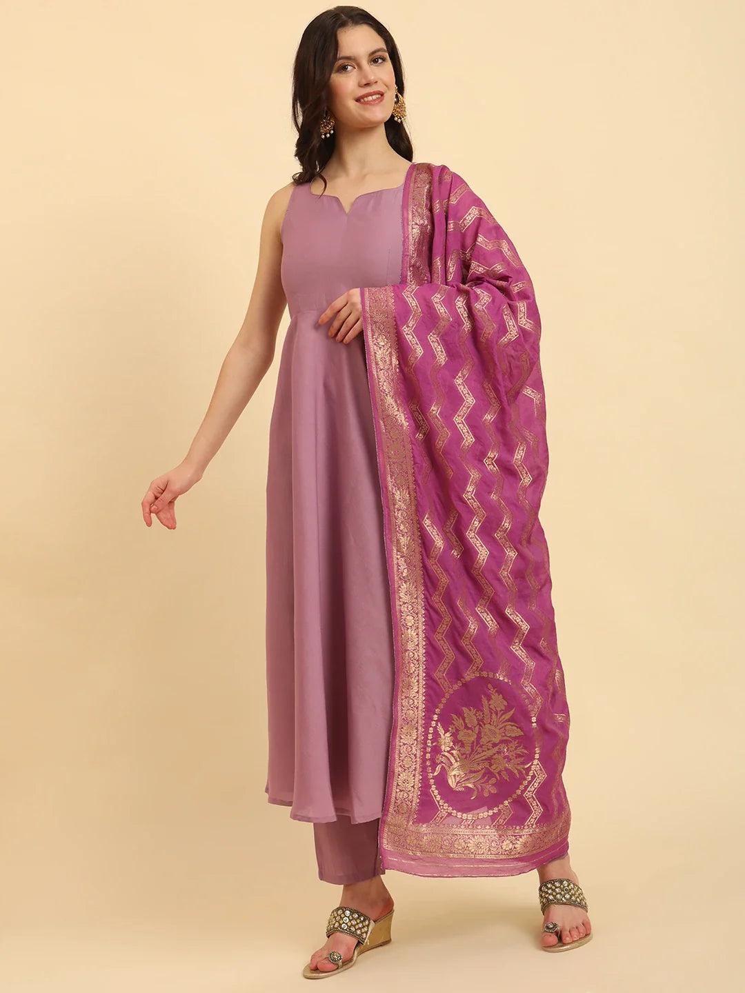 Yufta Purple Silk Sleeveless Kurta With Pant Banarasi Dupatta Set - Distacart