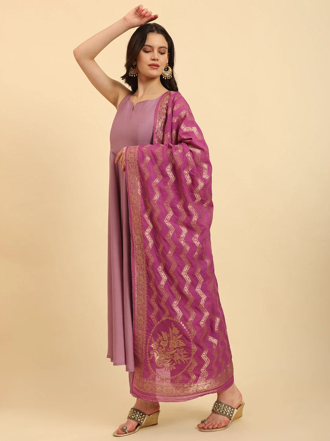Yufta Purple Silk Sleeveless Kurta With Pant Banarasi Dupatta Set - Distacart