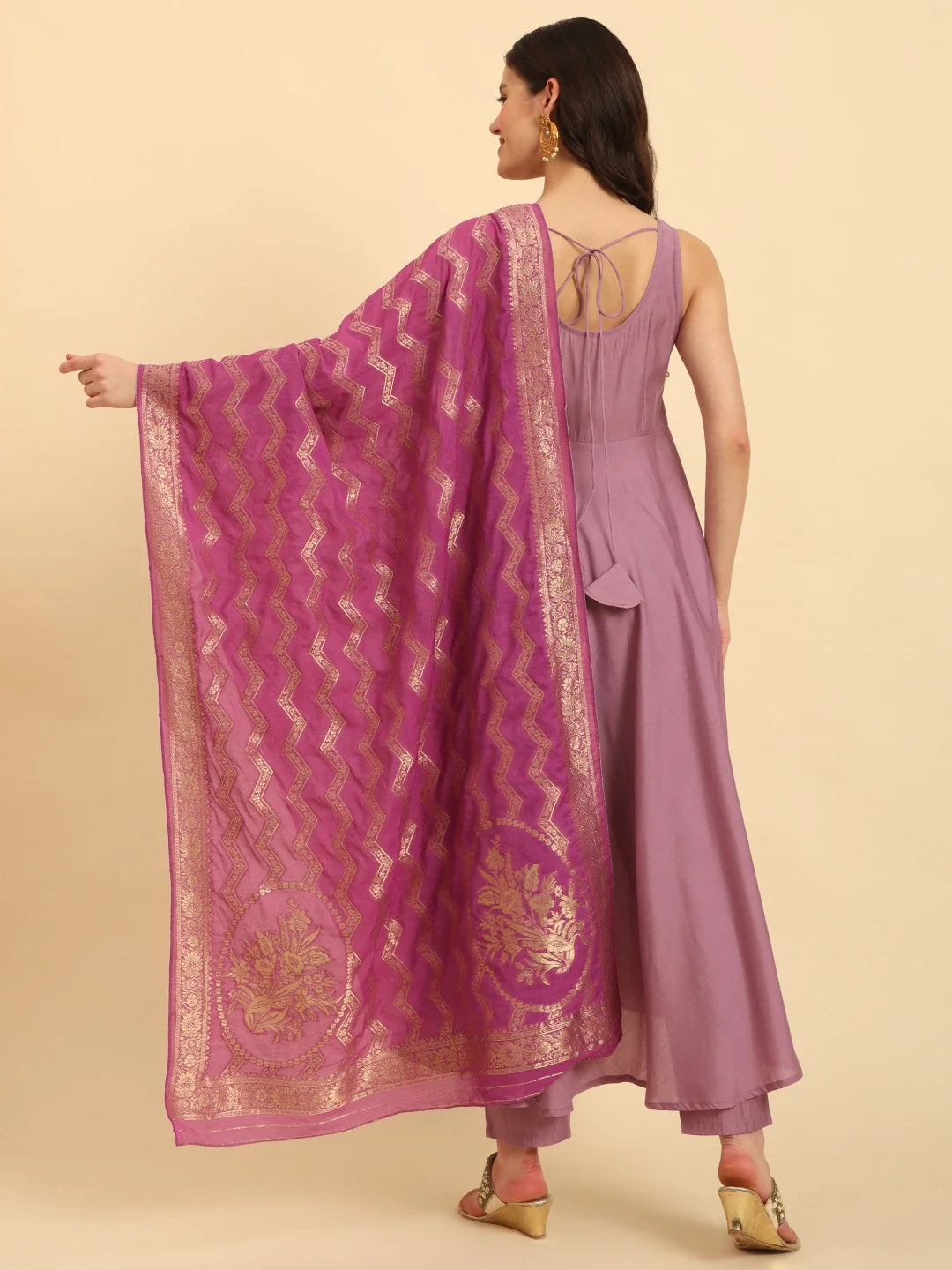 Yufta Purple Silk Sleeveless Kurta With Pant Banarasi Dupatta Set