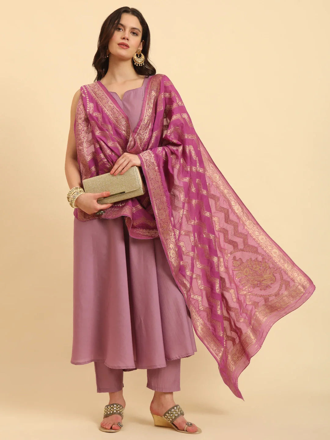 Yufta Purple Silk Sleeveless Kurta With Pant Banarasi Dupatta Set