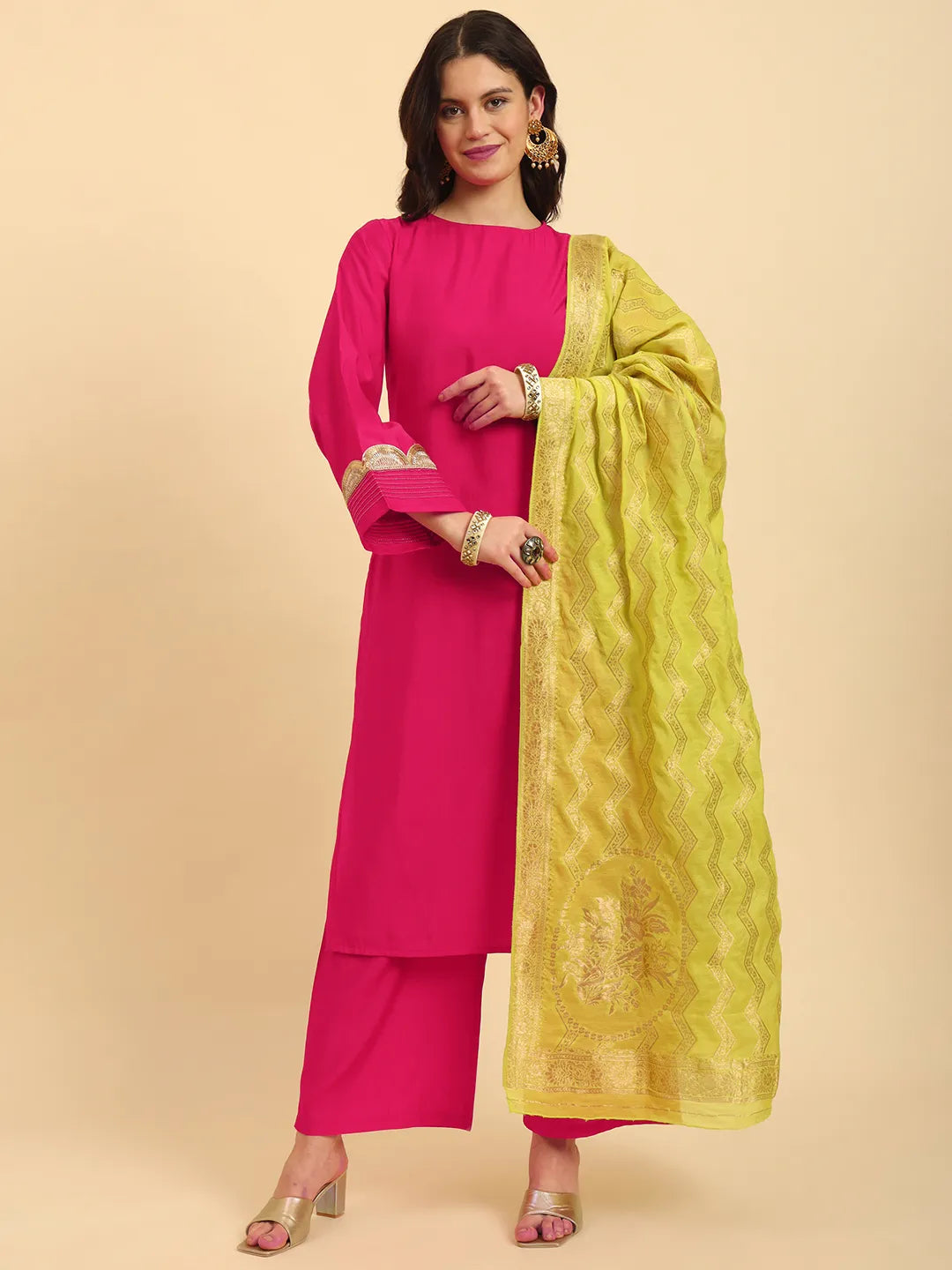 Yufta Pink Silk Flared Sleeves Kurta With Palazzo Banarasi Dupatta Set - Distacart