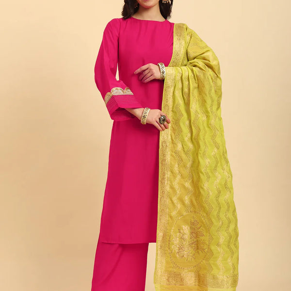 Yufta Pink Silk Flared Sleeves Kurta With Palazzo Banarasi Dupatta Set - Distacart