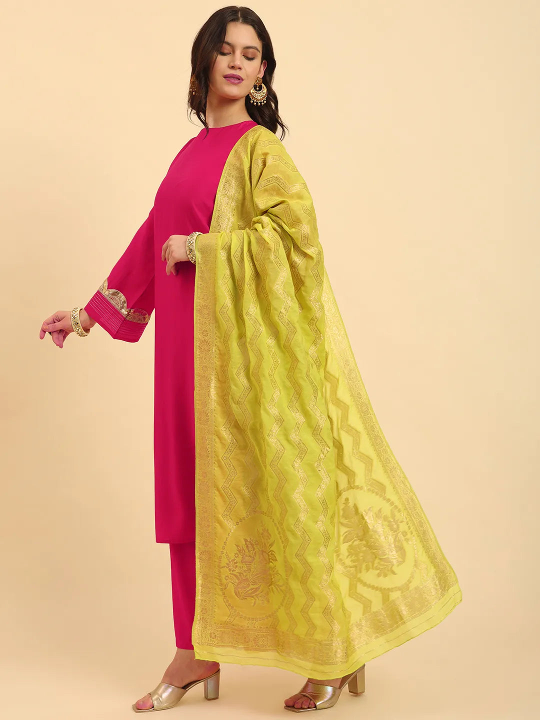 Yufta Pink Silk Flared Sleeves Kurta With Palazzo Banarasi Dupatta Set - Distacart