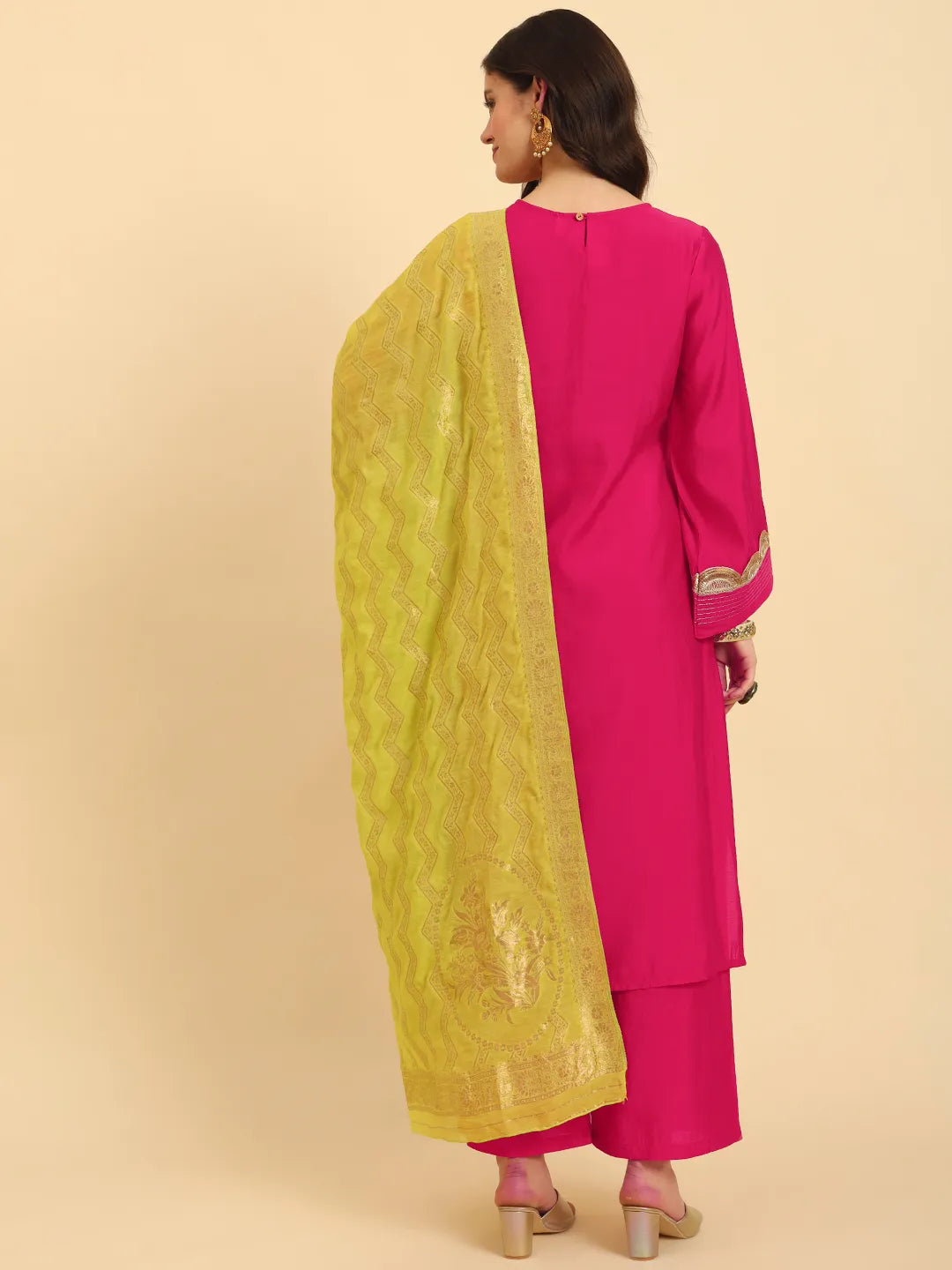 Yufta Pink Silk Flared Sleeves Kurta With Palazzo Banarasi Dupatta Set