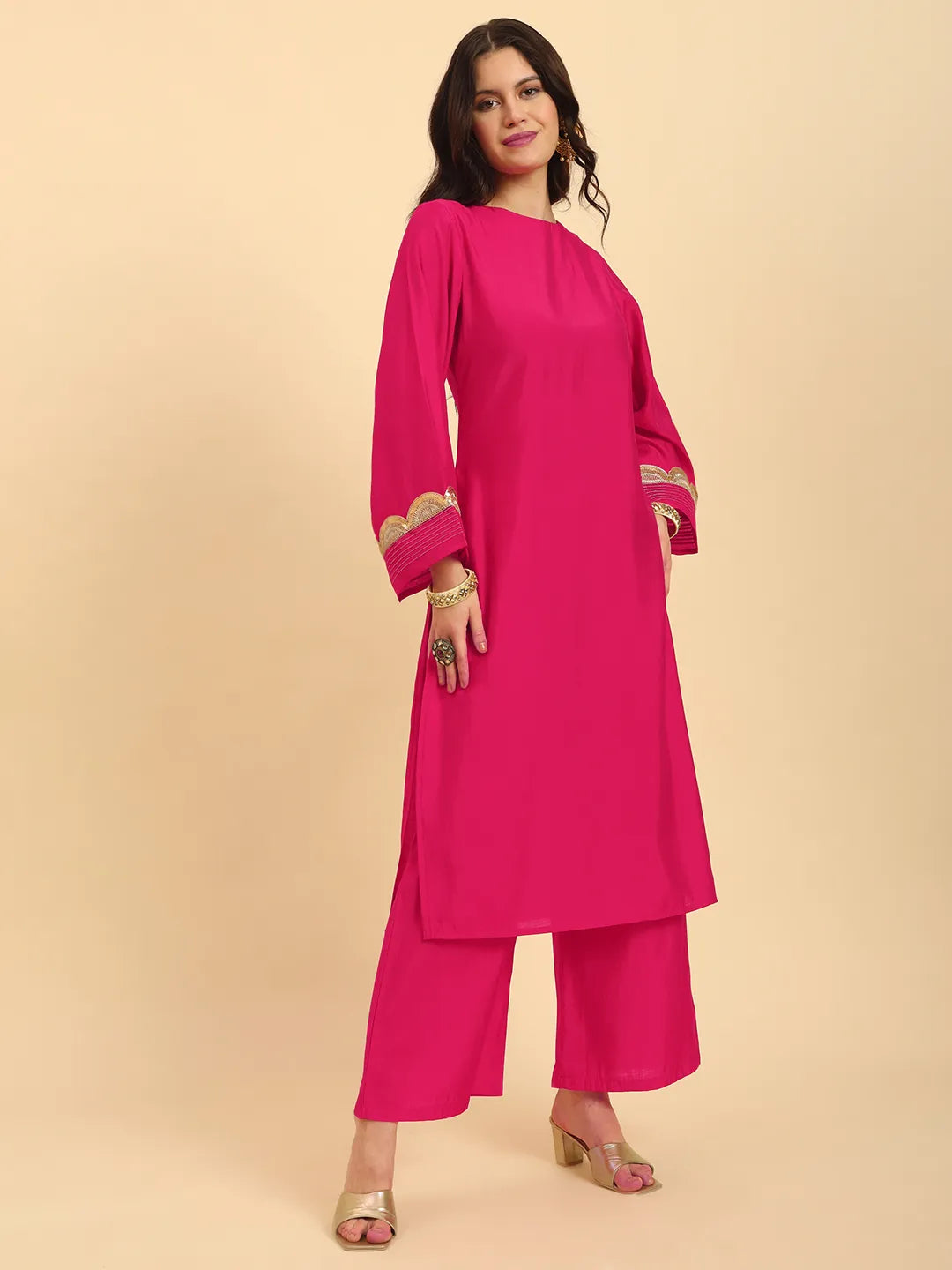 Yufta Pink Silk Flared Sleeves Kurta With Palazzo Banarasi Dupatta Set
