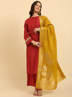 Thumbnail for Yufta Rust Silk Flared Sleeves Kurta With Palazzo Banarasi Dupatta Set