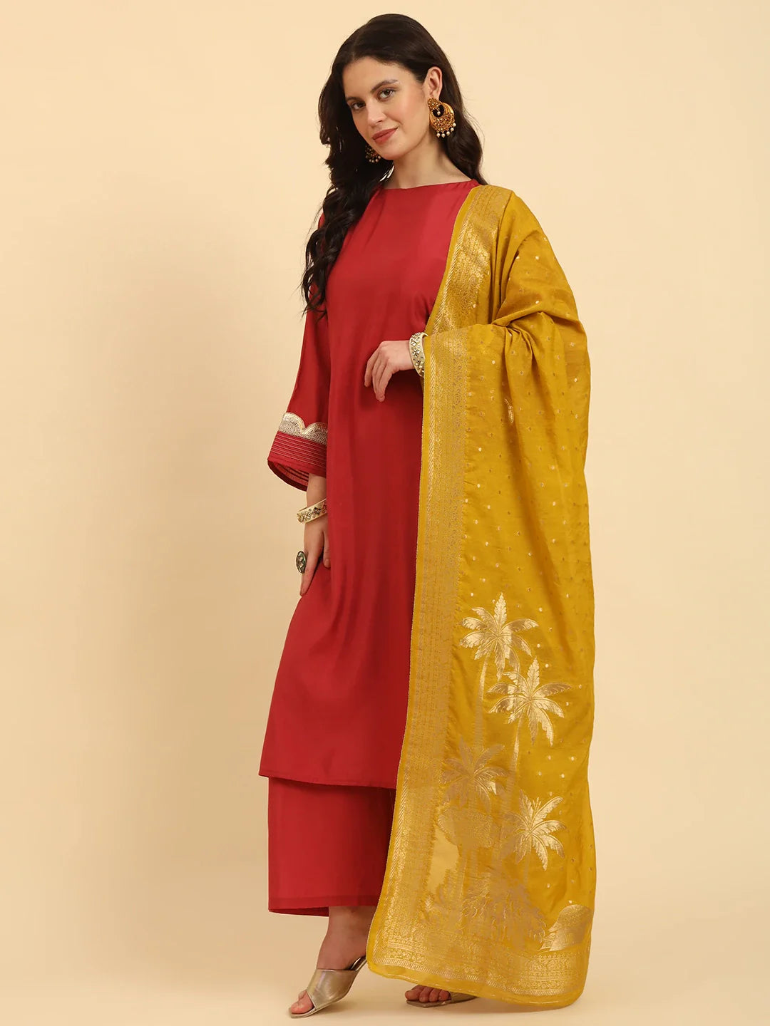 Yufta Rust Silk Flared Sleeves Kurta With Palazzo Banarasi Dupatta Set - Distacart